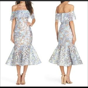 Bronx and Banco butterfly embroidered off shoulder midi dress